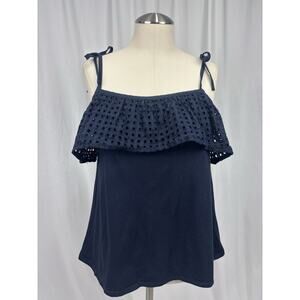Loft Tank Top Navy Women's Size Small S Cotton Eyelet Ruffle Spaghetti Strap Bow